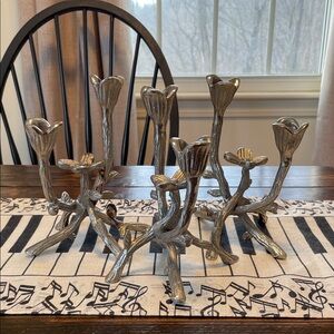 Sculptured Dogwood Flower Silver Tone Branch Double Candle Holder
